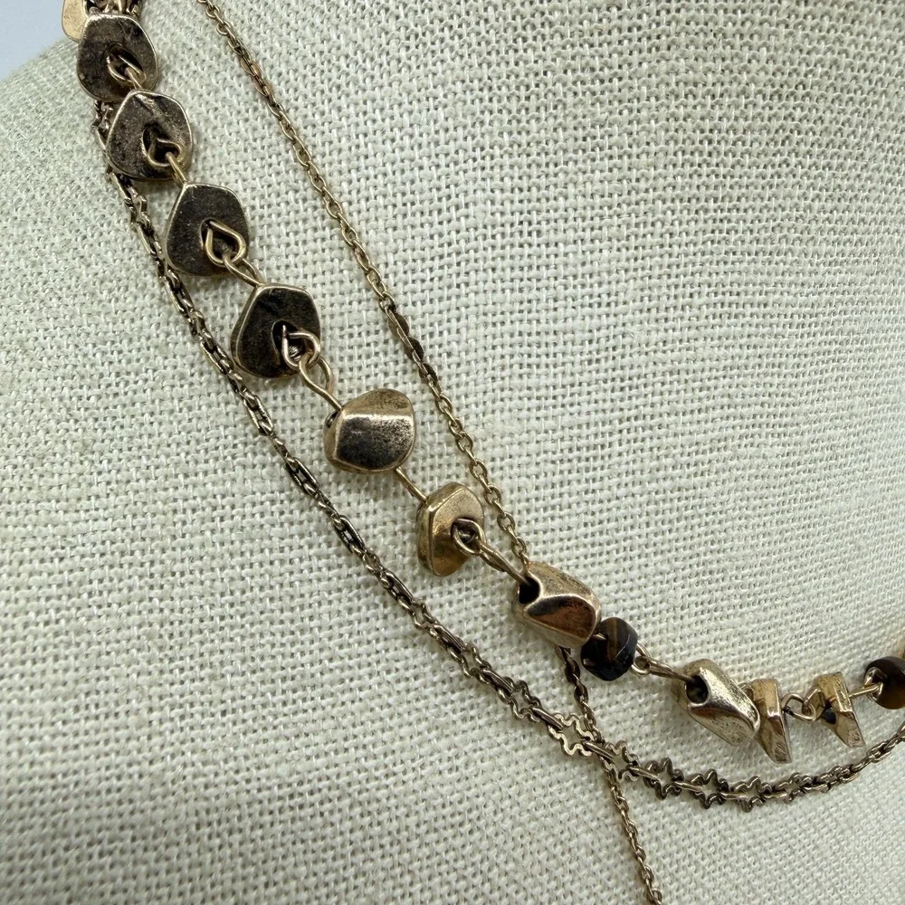 Gold Tone Brown Marquise Pendant Multi Strand Necklace Boho Statement Jewelry